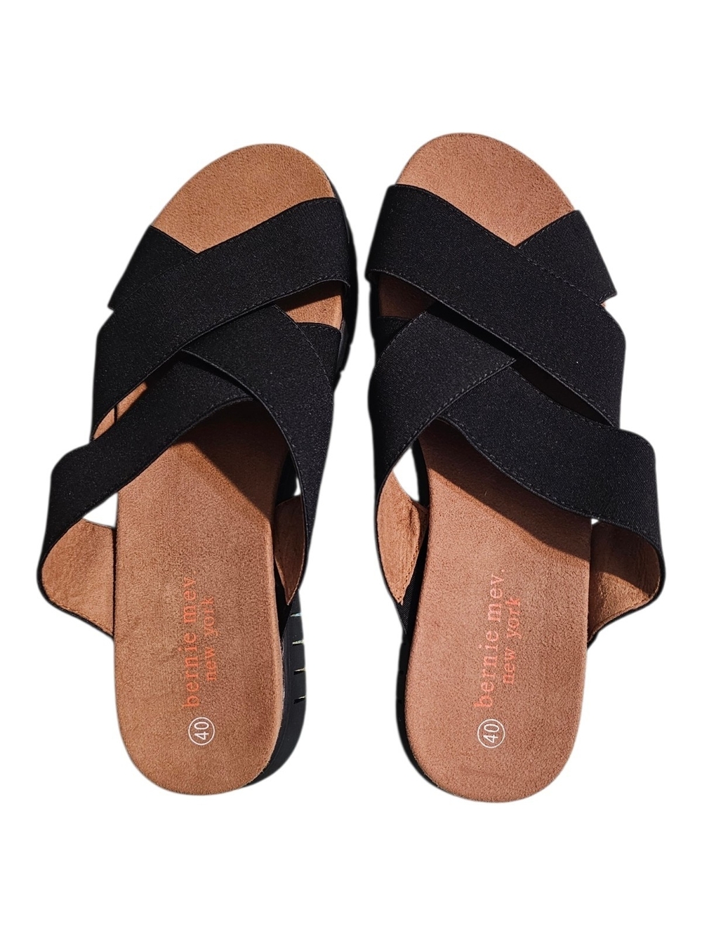 bernie mev. Black Crisscross Slide Sandals with Tan Footbed